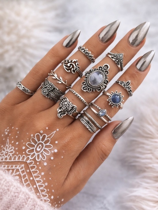 Jewelry - 12 Piece Silver Knuckle Ring Set | Boho Stackable Midi Rings | Bundle